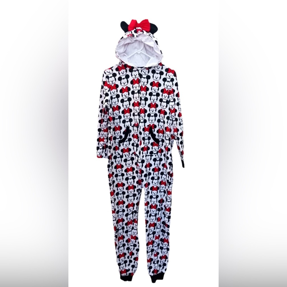 Disney Womens Pajamas Hooded Minnie Mouse Onesie w/ Mickey Minnie Pattern Size L